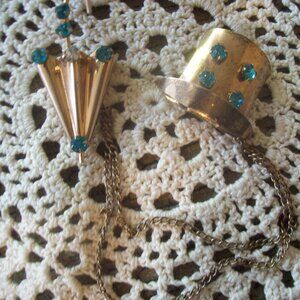 Umbrella and Top Hat Sweater Chain Brooch Pin Sterling Silver Vintage Jewelry